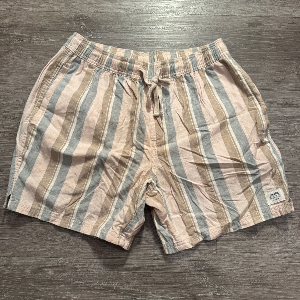 Katin Short Mens Medium Pink Tan Striped Cotton Linen Isaiah Local Surf Beach